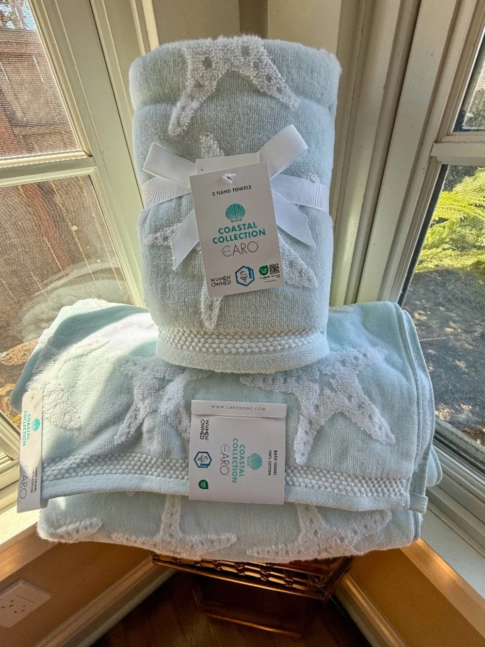 CARO Home 4-Piece COASTAL Collection Bath Cotton STARFISH Towels NWT Set of 4